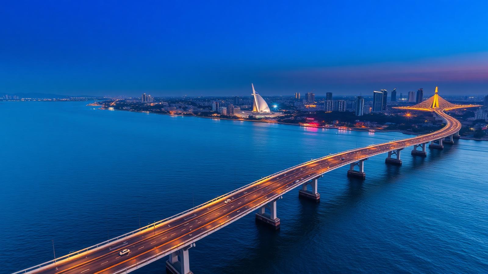 Mumbai Coastal Road and Bandra-Worli Sea Link at dusk