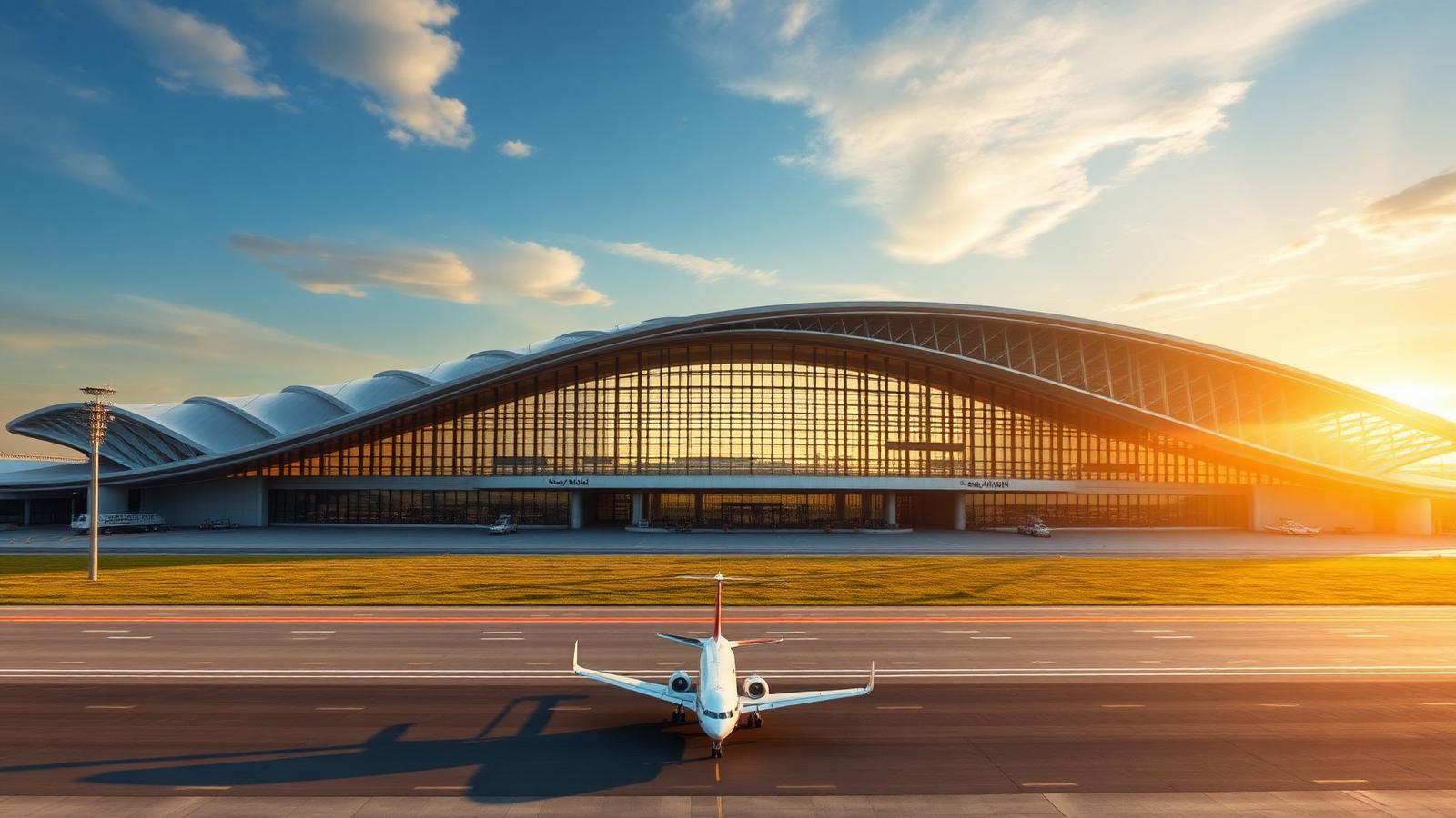 Navi Mumbai International Airport terminal at sunset